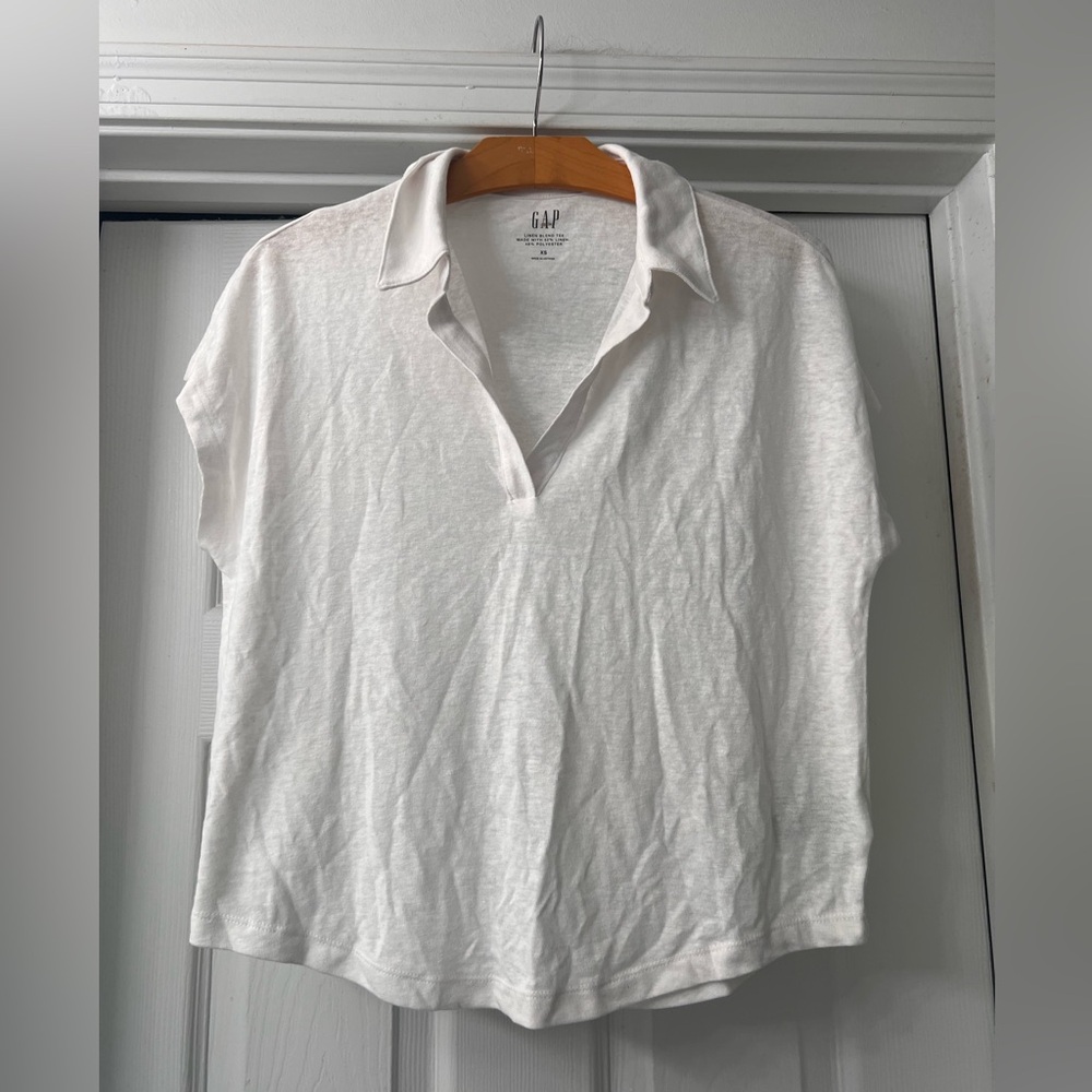 GAP White Linen Polo Collar Cap Sleeve  Shirt